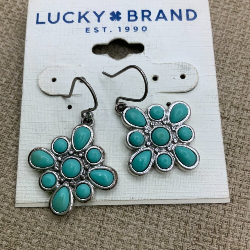 Lucky Brand Distressed Silver Tone Faux Turquoise Blossom Dangle Earrings - Picture 4 of 5